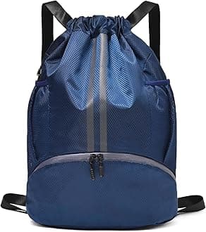 Drawstring Gym Bag for Men, Waterproof Drawstring Backpack for Women, Swim Backpack with Shoes Compartment, Pull String Sport Bag for Soccer and Basketball. (Dark Blue)