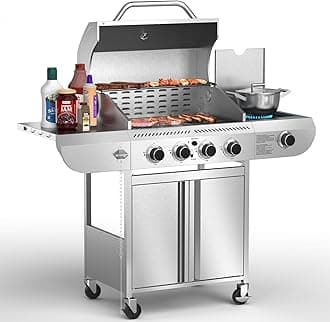 Gas Grill,Heavy-Duty Stainless Steel BBQ Grill,4 Burner Gas Grill with Side Burner,42000 BTU Propane Gas Grill for Outdoor Cooking,Barbecue,Garden and Patio Backyard
