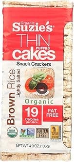Suzie's Organic Brown Rice Cake Thins|12 Pack|Lightly Salted Low Sodium|USDA Organic, NON-GMO, Fat-Free, Sugar-Free, Gluten-Free|Low-Calorie Snack-20 Calories Per Slice|Bread & Cracker Replacement