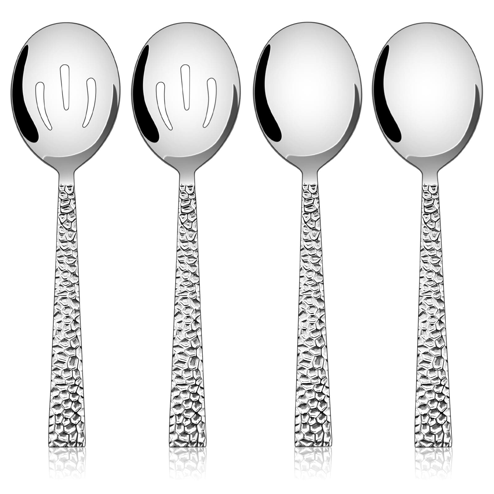 E-far Hammered Serving Spoons, 4-Piece Stainless Steel Serving Utensils Set Includes Slotted & Solid Spoons, Metal Hostess Tablespoons for Catering Buffet Party Kitchen Restaurant