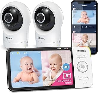 VTech RM5764-2HD 1080p Smart WiFi Remote Access 2 Camera BabyMonitor, 360° Pan & Tilt, 5" 720p HD Display, Night Vision, Soothing Sounds, 2-Way Talk, Temperature & Motion Detection, iOS & Android