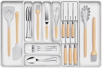 Lifewit Cutlery Drawer Organiser for Kitchen, Expandable Cutlery Tray, Adjustable Utensil and Silverware Holder, Plastic Flatware Spoons Forks Storage Insert, Large, White