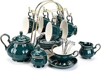 CHENP.HMC Tea Set 22-Piece Porcelain Ceramic Coffee Tea Gift Sets Cups Saucer Service for 6 Teapot Sugar Bowl Creamer Pitcher and Teaspoons Porcelain Tea Set for Mother's Day(WITHOUT Mug Hooks)