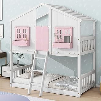 Twin Over Twin Size House Bunk Bed with Roof, Windows, Storage Box and Small Door, Solid Wood Low Floor Bunk Bed Frame with Guardrails and Ladder for Kids Girls Boys, No Box Spring Needed, Pink