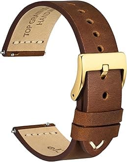 WOCCI 17mm Old-fashioned Watch Band for Men, Top Grain Leather, Golden Polished Buckle (Caramel Brown)