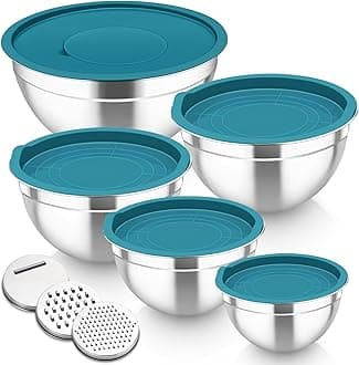 Homikit Mixing Bowls Set of 5, Stainless Steel Salad Bowls with Airtight Lids & 3 Grates, Metal Nesting Bowls for Mixing/Baking/Serving/Storing, Easy Clean - 0.7/1/1.5/2.6/4.6L (Dark Blue)
