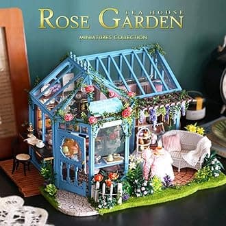 Spilay Diy Miniature House Kit, Wooden Doll House with Furniture & Music Box and LED, Handmade Crafts Gifts for Birthday Christmas and Valentine's Day (Rose Garden Tea House - A068)