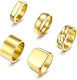 Sanfenly 5 PCS 14K Gold Rings for Men Mens Gold Ring Mens Stainless Steel Rings Square Signet Rings Pinky Thumb Ring Chunky Thick Band Cuban Link Chain Ring Cool Finger Ring Wedding Band Ring for Men（Size 7-15）