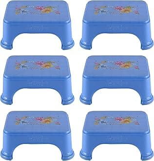 Kuber Industries Pack of 6 Bath Stool for Bathroom | Plastic Stools for Sitting | Bathroom Stool for Bathing | Flower Print Square Stool | Blue