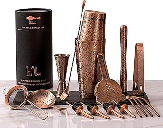 Boston Cocktail Shaker Set, 3D Embossed Design Bartender Set, 18-Piece Cocktial Making Kit, Stainless Steel Barware Tool Set, Antique Copper
