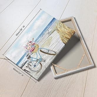 FajerminArt Wooden Framed Large Canvas Wall Art Blue Floral Bicycle Beach Seaside Canvas Prints Painting Wall Artwork Picture for Living Room Bedroom Home Decorations Ready To Hang 24"x36"（60cmx90cm）