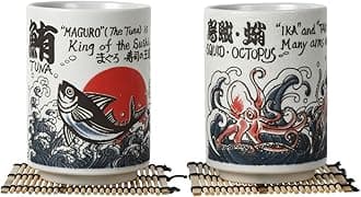 Japanese Tea Cups Sushi-Yunomi Mino Ware With Bamboo Coaster (Set of 2) (Squid-Octopus Tuna)