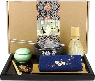 Artcome Japanese Matcha Tea Set, Matcha Whisk, Traditional Scoop, Matcha Bowl, Black Bamboo Tray, Ceramic Whisk Holder, Matcha Caddy, Handmade Matcha Ceremony Kit For Japanese Tea Ceremony (10Pcs)