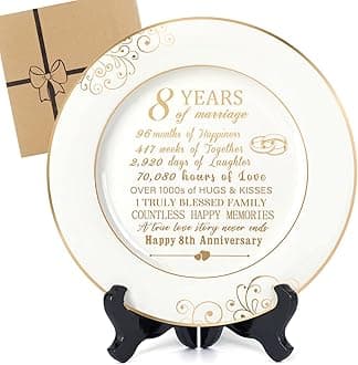 8th Anniversary Plate with 24k Gold Foil - Bronze Anniversary Wedding Gifts for Her Him, 8 Year Decorations Gift for Couple Wife Husband, Ceramic 9"