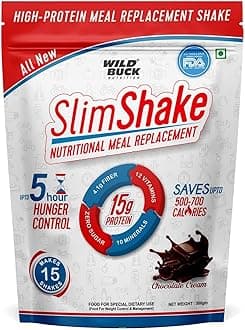 WILD BUCK SlimShake Meal Replacement Shake, High Protein Weight Loss & Lean Meal Shake, Low Carb Protein Blend, Rich in 12 Vitamins & 10 Minerals, Weight Control & Management Protein Shake 15g Protein, 4.1g Dietary Fiber & Digestive Enzymes | Meal Replacement Shake for Men and Women [Chocolate Cream, 500g]