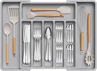 Lifewit Silverware Drawer Organizer, Expandable Utensil Tray for Kitchen, BPA Free Flatware and Cutlery Holder, Adjustable Plastic Storage for Spoons Forks Knives, 13-22 x 15", Grey