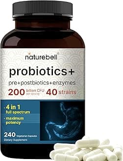 NatureBell Probiotic 200 Billion CFU – 40 Strains Per Serving | 240 Veggie Capsules with Prebiotics and Probiotics – Full Spectrum Complex with Enzymes – Daily Probiotics for Women & Men