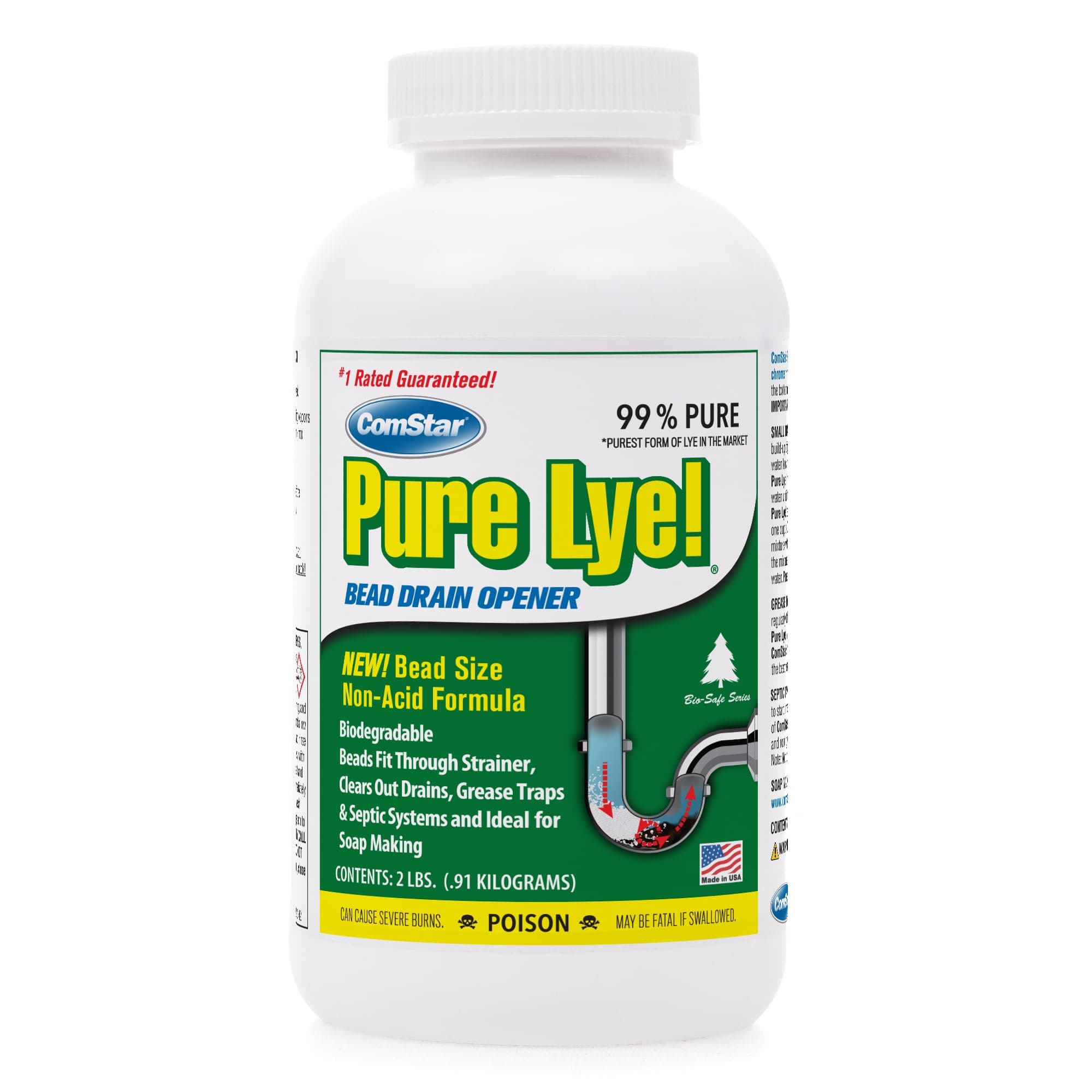 Pure Lye 2 lb - Unique Sodium Hydroxide Beads | Drain Opener & Soap Making | Biodegradable, Eco-Friendly (30-504)