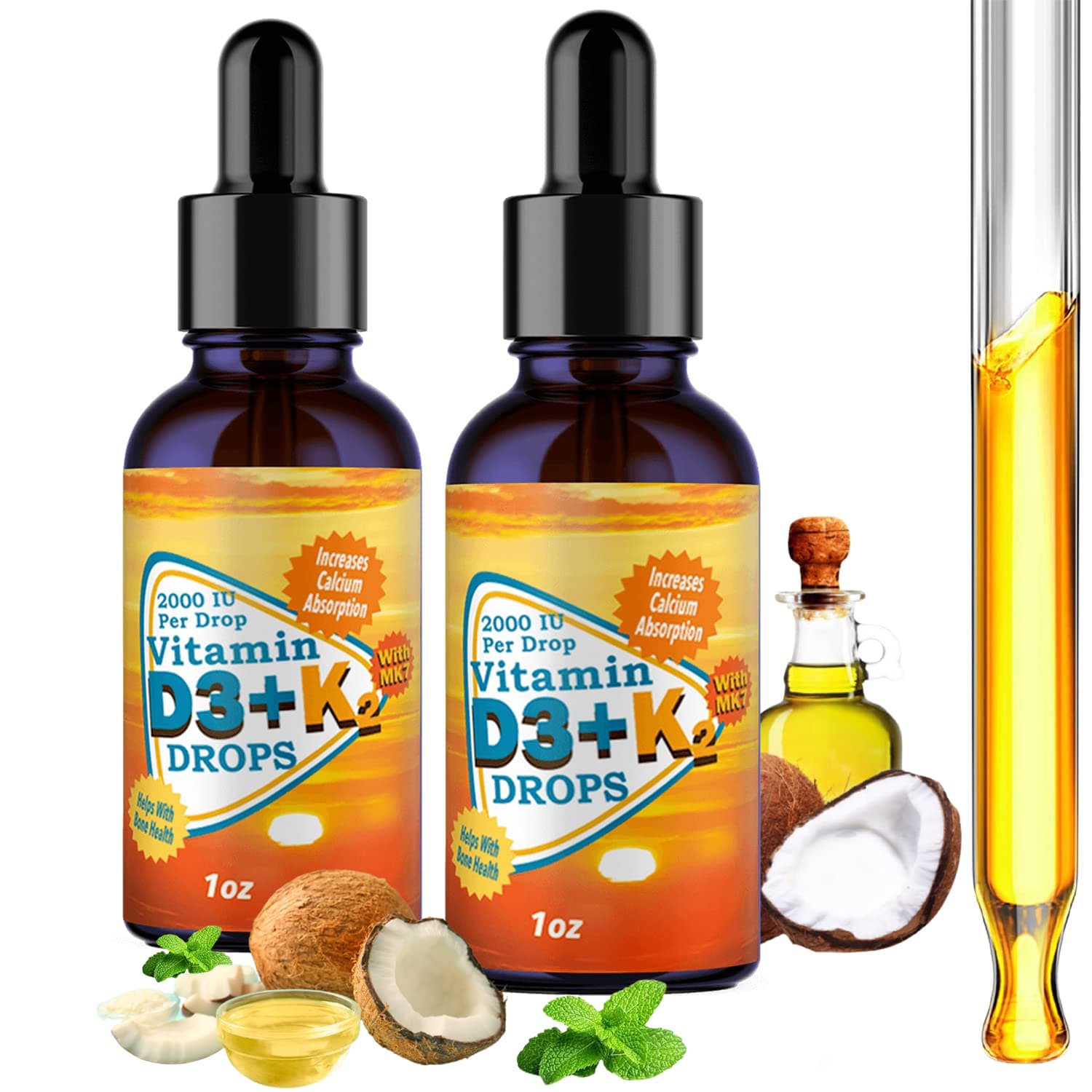 ANUMED - (2-Packs) Vitamin D3 + K2 2000 IU Per Drop with MCT Oil. Promotes Heart Health, Stronger Bones, Joints, Muscles, Respiratory System. Non-GMO, Gluten-Free, No Sugar Added, 100% Vegan (1oz)