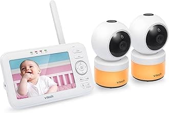VTech VM5463-2 Baby Monitor 5" Screen with 2 Cameras, Pan-Tilt- Zoom, Night Light, Glow On The Ceiling Projector, Two-Way Talk, Secure Transmission No WiFi