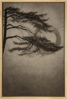 SIGNFORD Framed Canvas Print Wall Art Moonlit Pine Branch Dark Minimalist Tree Silhouette with Crescent Moon Illustrations Modern Art Decorative for Living Room, Bedroom, Office - 24"x36" Natural