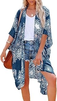 Women's Floral Print Puff Sleeve Kimono Cardigan Loose Cover Up Casual Blouse Tops