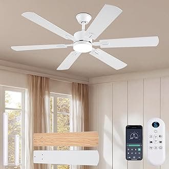 56inch Modern White Ceiling Fans with Lights and Remote/App Control, Dimmable LED, Reversible DC Motor, Noiseless, 6 Double-Side Blade Low Profile Ceiling Fan for Livingroom Indoor/Outdoor Use