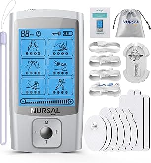 NURSAL 24 Modes TENS Unit Muscle Stimulator with Continuous Stimulation, Rechargeable Electronic Pulse Massager with 8 Pads for Back and Shoulder Pain Relief and Muscle Strength (Silver)