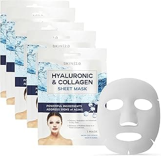Hyaluronic Acid and Collagen Sheet Face Mask - Boosts Moisture, Skin Firming, Reduces Signs of Aging, Hydrating Sheet Mask - Cruelty Free Korean Skin Care For All Skin Types - 5 Masks