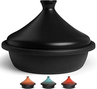 Kook Moroccan Tagine, Enameled Cast Iron Cooking Pot, Tajine with Ceramic Cone-Shaped Closed Lid, 3.3 QT (Black)
