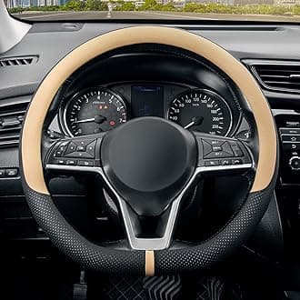 SEG Direct Flat Bottom Steering Wheel Cover Breathable, D Shaped Car Wheel Cover 14 1/2-15 in. (37-39 cm), Black Beige Microfiber Leather