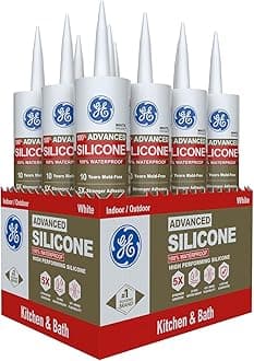 Advanced Silicone Caulk for Kitchen & Bathroom, White, 10 fl oz Cartridge, 12 Pack - 100% Waterproof Silicone Sealant, 5X Stronger Adhesion, Shrink & Crack Proof