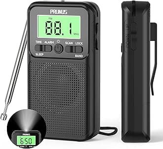 J-128 Pocket Radio Portable AM FM, Battery Operated by 2 AA for Emergency,Automatic Station,Headphone Jack,Back Clip,Flashlight,Large Screen,Lock Key Personal Radios, Alarm/Sleep Timer