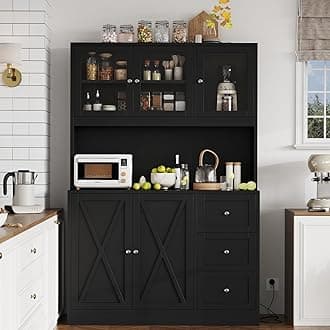 lrontar 70.9" Kitchen Pantry, Kitchen Hutchwith Microwave Stand & Charging Station,Farmhouse Tall Storage Cabinet withCountertop, Bar Cabinet with Drawers, Glass Doors, Black