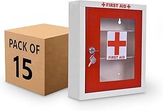 Plantex Metal First Aid Box/Emergency Medical Kit for Medicine Storage/Multi Compartment First Aid Kit Box for Home, School, Office with Key Lock - Pack of 15 - (Red & Ivory)