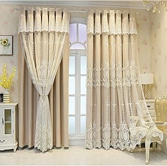 Blackout Curtains Double Layer Window Curtain-European Style lace Embroidery Double Deck Blackout Tulle Curtain,Living Room Layered Eyelet Drapes Valance Panel,Girl Be