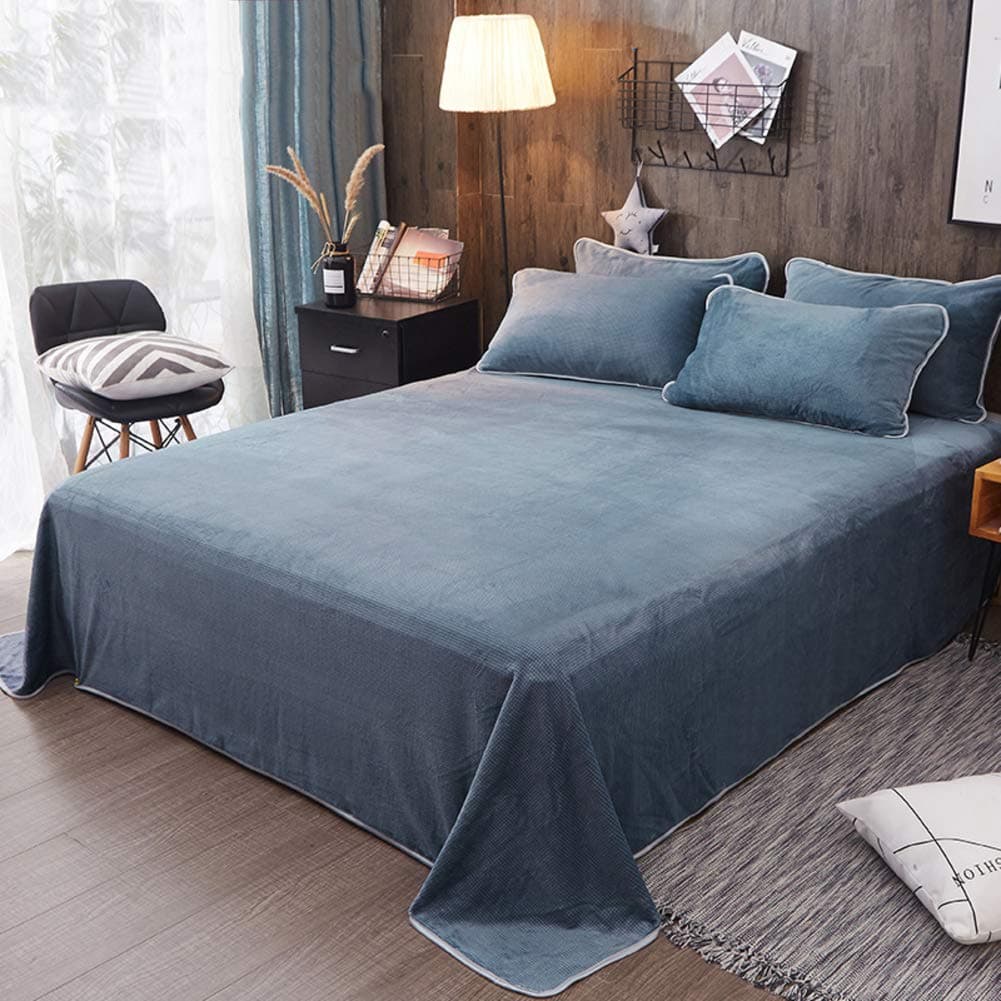 Flat Sheets Plus velvet, Top sheets Thick Warm Autumn and winter Blanket Simple Single Double Bed sheet 1 pcs-blue B W230xH250cm(91x98inch)