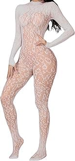 Womens Lace Leopard Jumpsuit Rave Outfits For Women Fishnet Bodysuit Lingerie Mesh Bodystocking