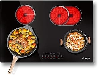 30 Inch Electric Cooktop 4 Burner - Built-in Electric Stovetop 30" 6600W, Radiant Ceramic Stove with Oval Zone, Dual Zone, Glass Metal Frame, Safety Lock, Timer, 220-240V Hard Wired (No Plug)