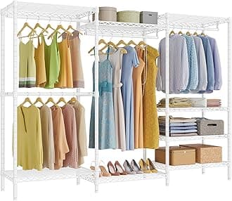 V5 Plus Portable Closet Wardrobe Heavy Duty Clothes Rack, Large Free Standing Closet Rack for Hanging Clothes, 85.4" L x 15.7" W x 76.4" H, White