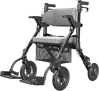 VOCIC Wheelchair Walker Combination, 2-in-1 Rollator for Seniors with Seat, Walker Transport Chair Combo with Padded Seat, Bag, Backrest and Footrest, Black