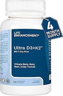 Life Enhancement Vitamin D3 K2 2000iu Supports Muscle & Brain Health - D3 K2 Supplement Helps in Immune and Cardiovascular Support - Made in USA (120 Vegetarian Capsules)