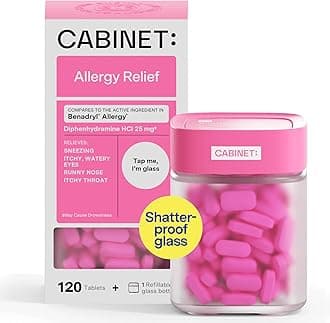 Diphenhydramine 25mg Allergy Relief Antihistamine Tablets for Allergies, Hay Fever, and Runny Nose, 120 Tablets (Refillable Glass Bottle)