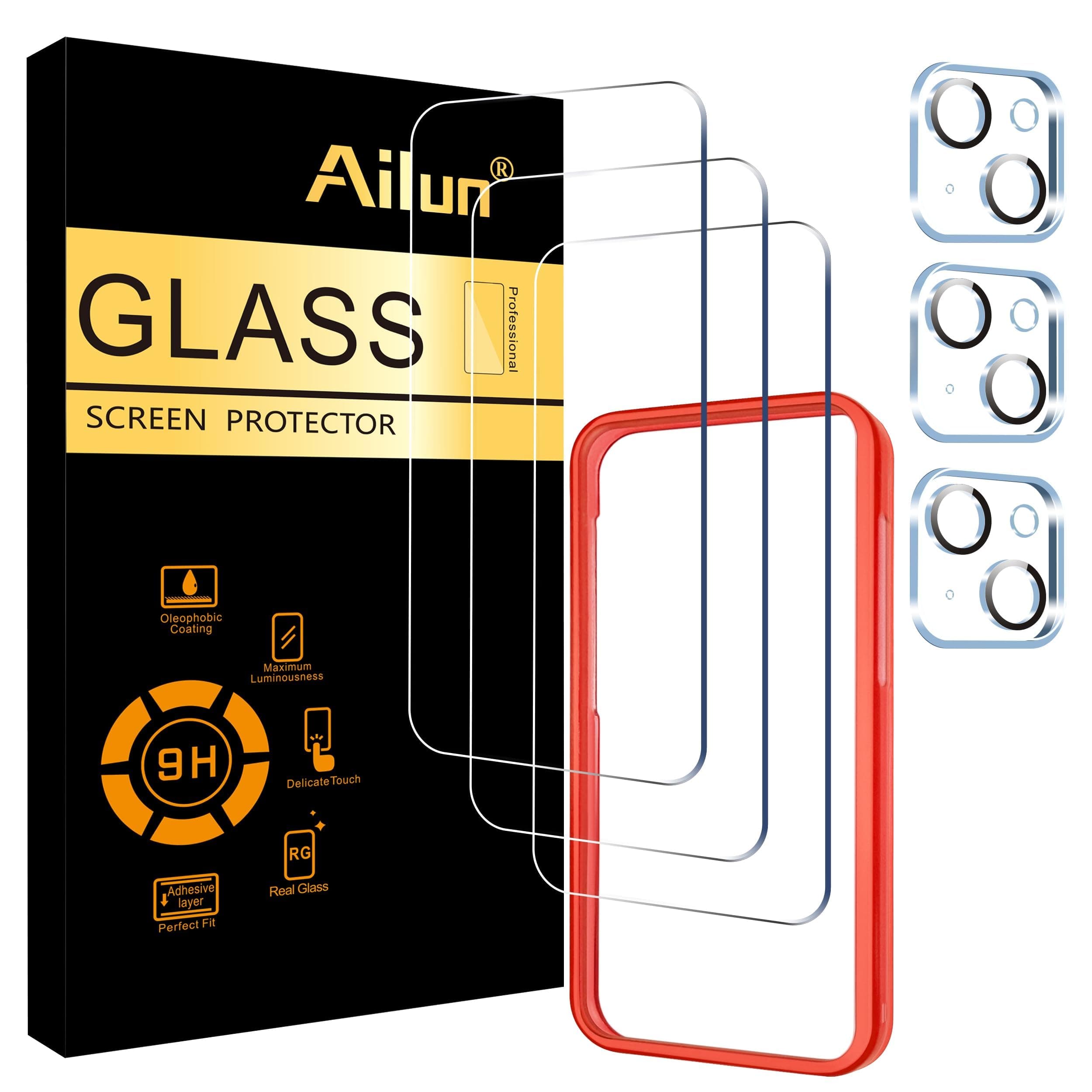 Ailun 3 Pack Screen Protector for iPhone 15 [6.1 inch] + 3 Pack Camera Lens Protector with Installation Frame,Case Friendly Tempered Glass Film,[9H Hardness] - HD