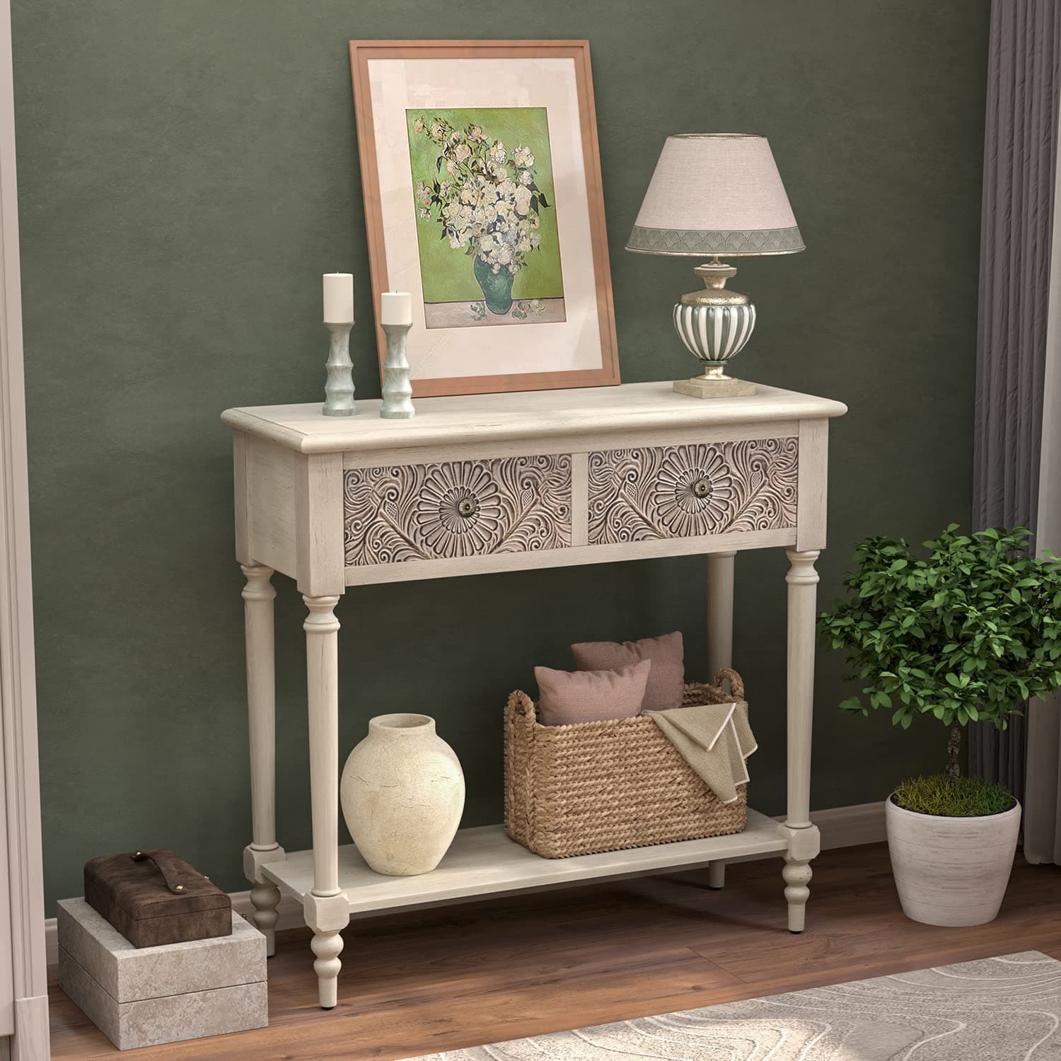 Console Table with 2 Drawers, MDF Narrow Entryway Table with Storage Shelf, Wood Accent Sofa Table for Living Room, Entrance, Hallway, Couch, Light Grey