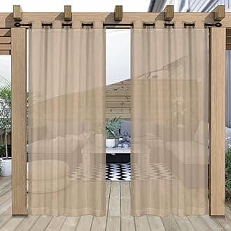 Outdoor Curtain for Patio, Khaki Linen Look Semi-Sheer Curtains Waterproof Light Filtering Voile Outside Grommet Drapes for Pergola Balcony Pool Indoor 2 Panels, W120 x L96
