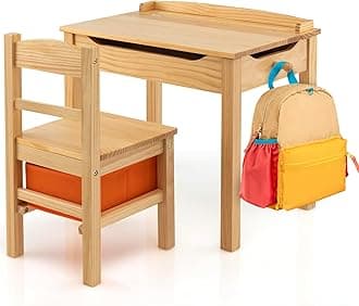 Costzon Kids Table and Chair Set, Flip Top Toddler Study Desk w/Chair for Playroom & Nursery, Wood Activity Table Set w/Storage Space, Safety Hinge, Pull-Out Drawer & Hook for Arts, Crafts (Natural)