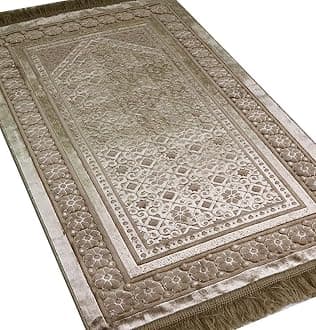 ModefaVelvet Prayer Rug with Prayer Beads Turkish Janamaz Sajadah Floral Stamp Luxury Plush (Mink)