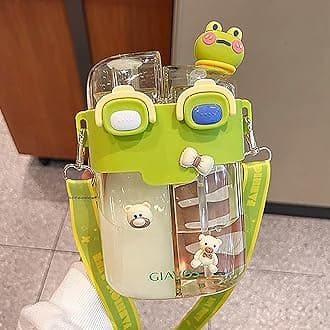 TIAASTAP Cute Water Bottle with Straw - Kawaii Kids Portable Plastic Drinking Bottle with Strap Aesthetic Stickers for School Travel Sports Outdoor (Green)