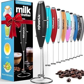 PowerLix Powerful Handheld Milk Frother With Stand Battery Operated Foam Maker Frother Wand For Coffee, Latte, Cappuccino, Hot Chocolate, Mini Drink Mixer Stainless Steel Whisk